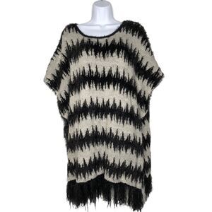 Kaktus Wms Striped Eyelash Knit Black Gray Boxy Poncho Sweater Fringe One Size